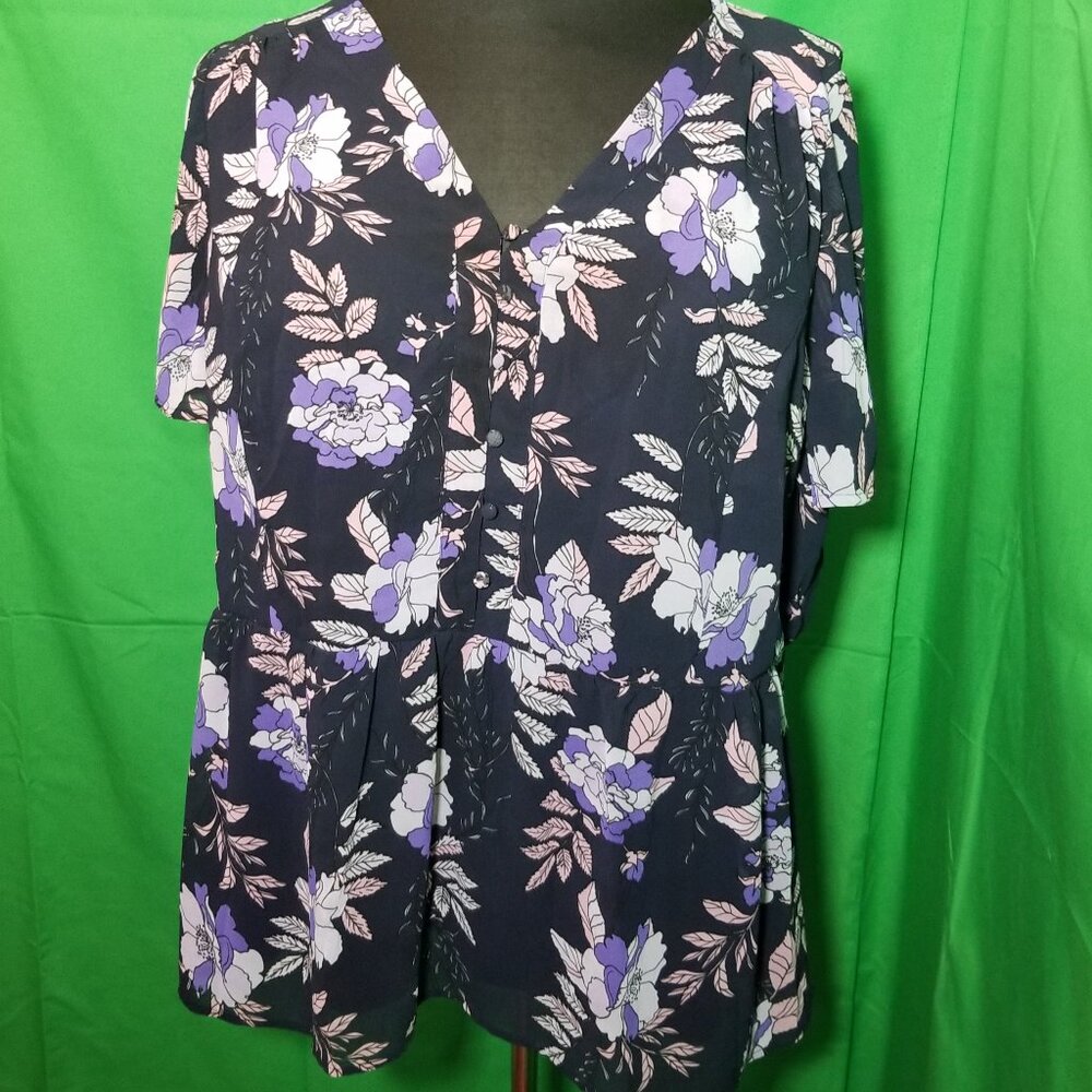 Lane Bryant Size 24 Blue Lavender Floral Flutter Short Sleeve Blouse Boho Retro